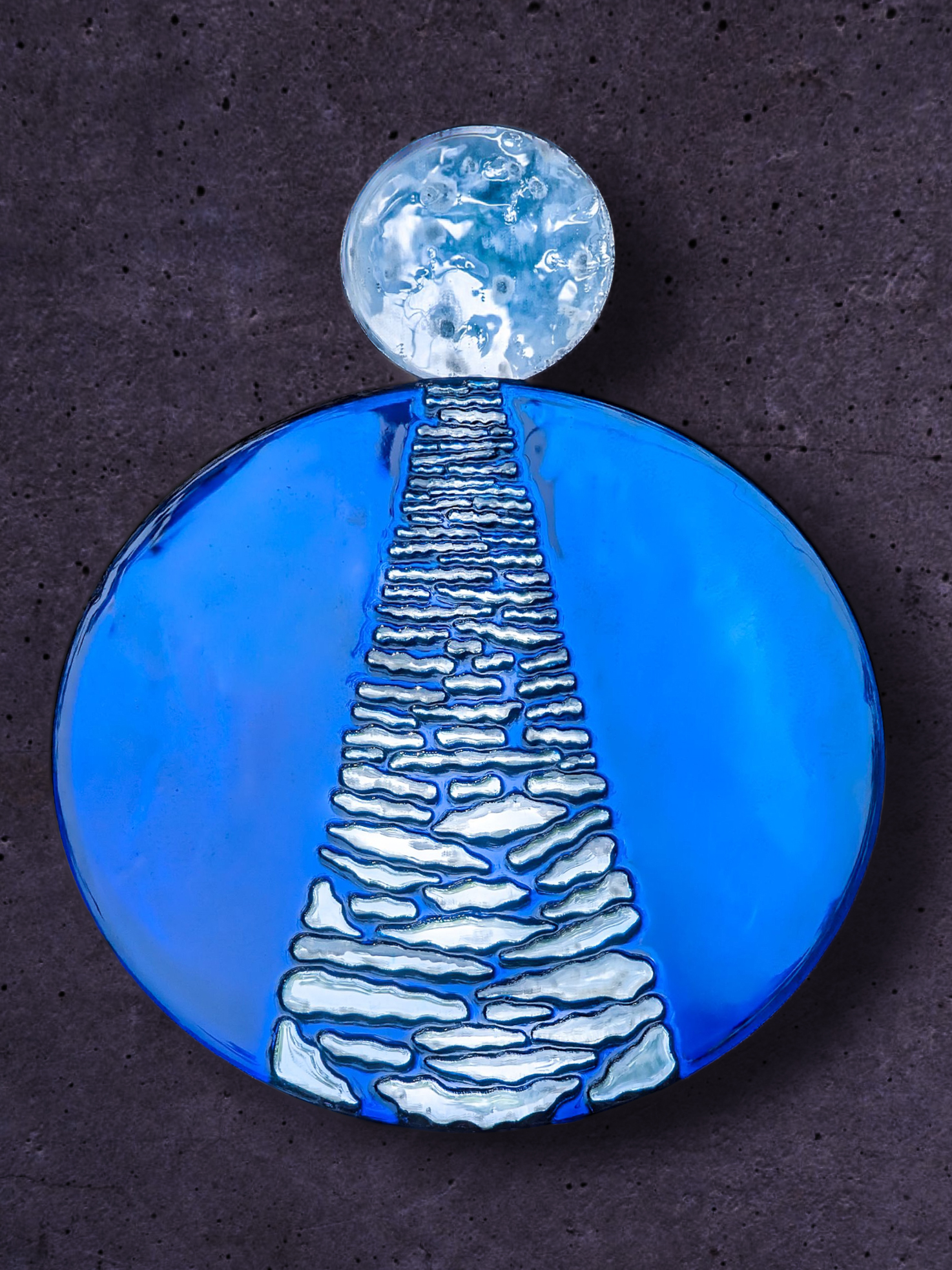 Glass artwork by Haiiileen titled Reflection (2025), featuring moonlit pathway across deep blue ocean.