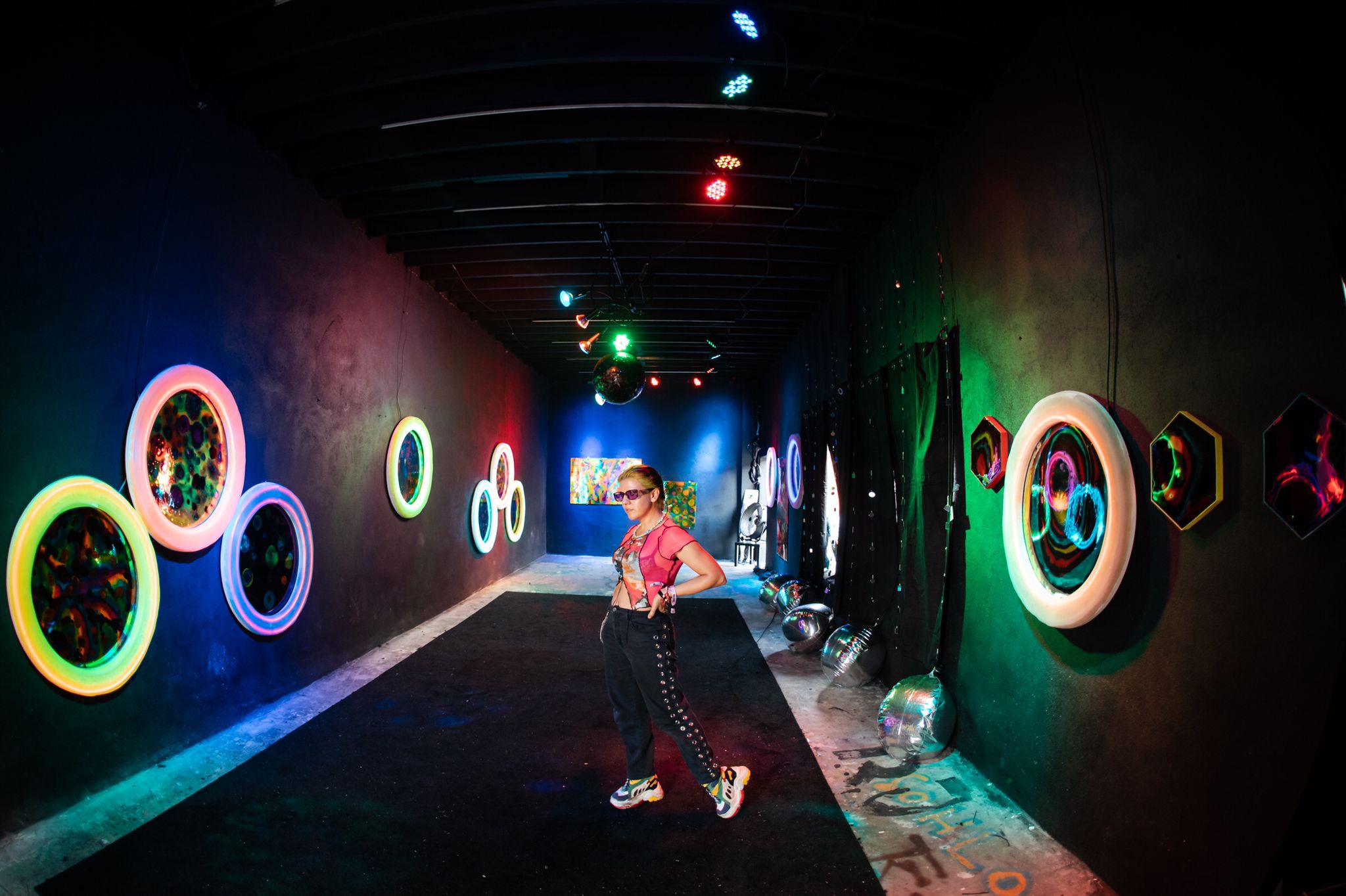 UR HAIII ME 2 (2021) immersive light installation by Haiiileen at III Points Festival — glowing Aura Mirrors and reflective portals in neon cosmic hues.