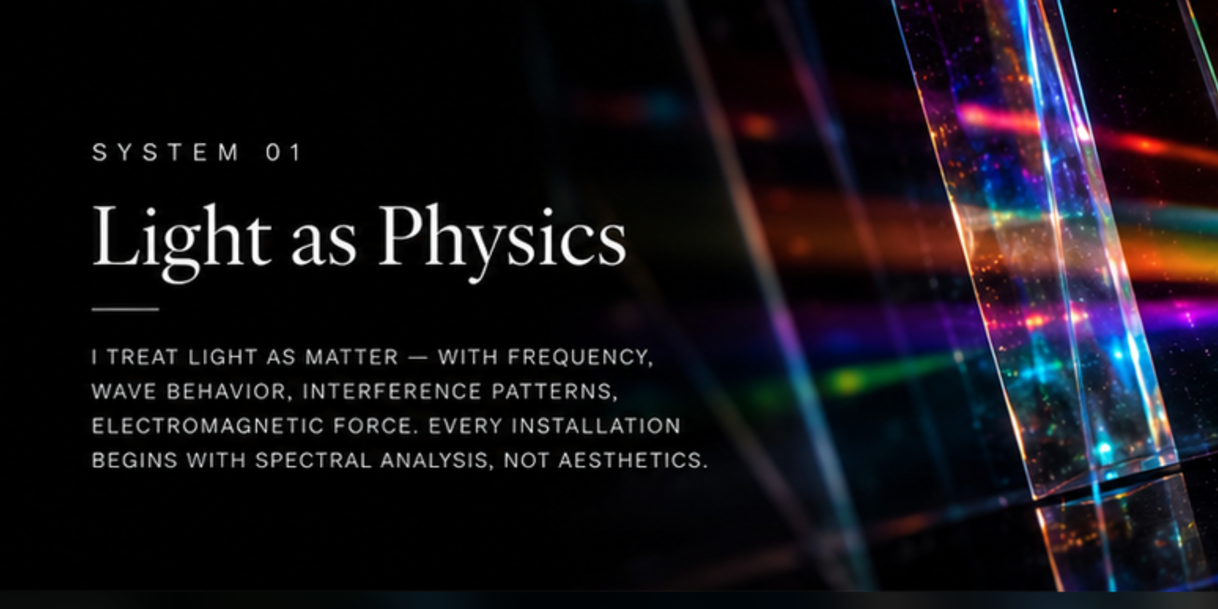 System 01 Light as Physics blog cover showing refracted light, glass, mirror, color spectrum, and immersive installation art by HAIIILEEN.
